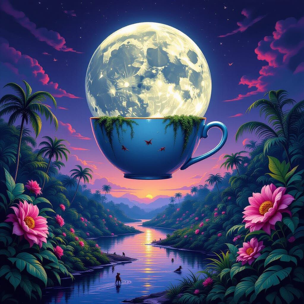 Surreal Teacup Moon Over Lush Jungle Landscape