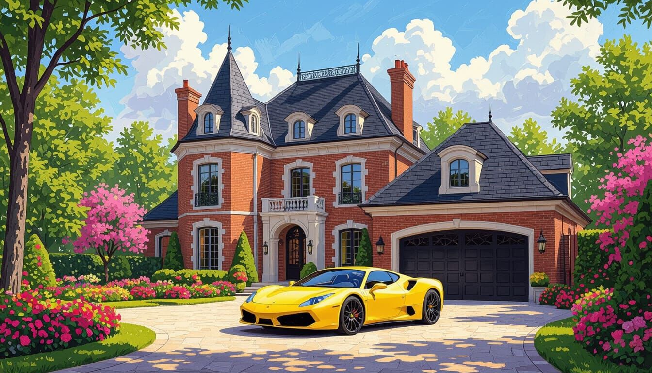 Elegant Chateau with Yellow Sports Car and Vibrant Garden