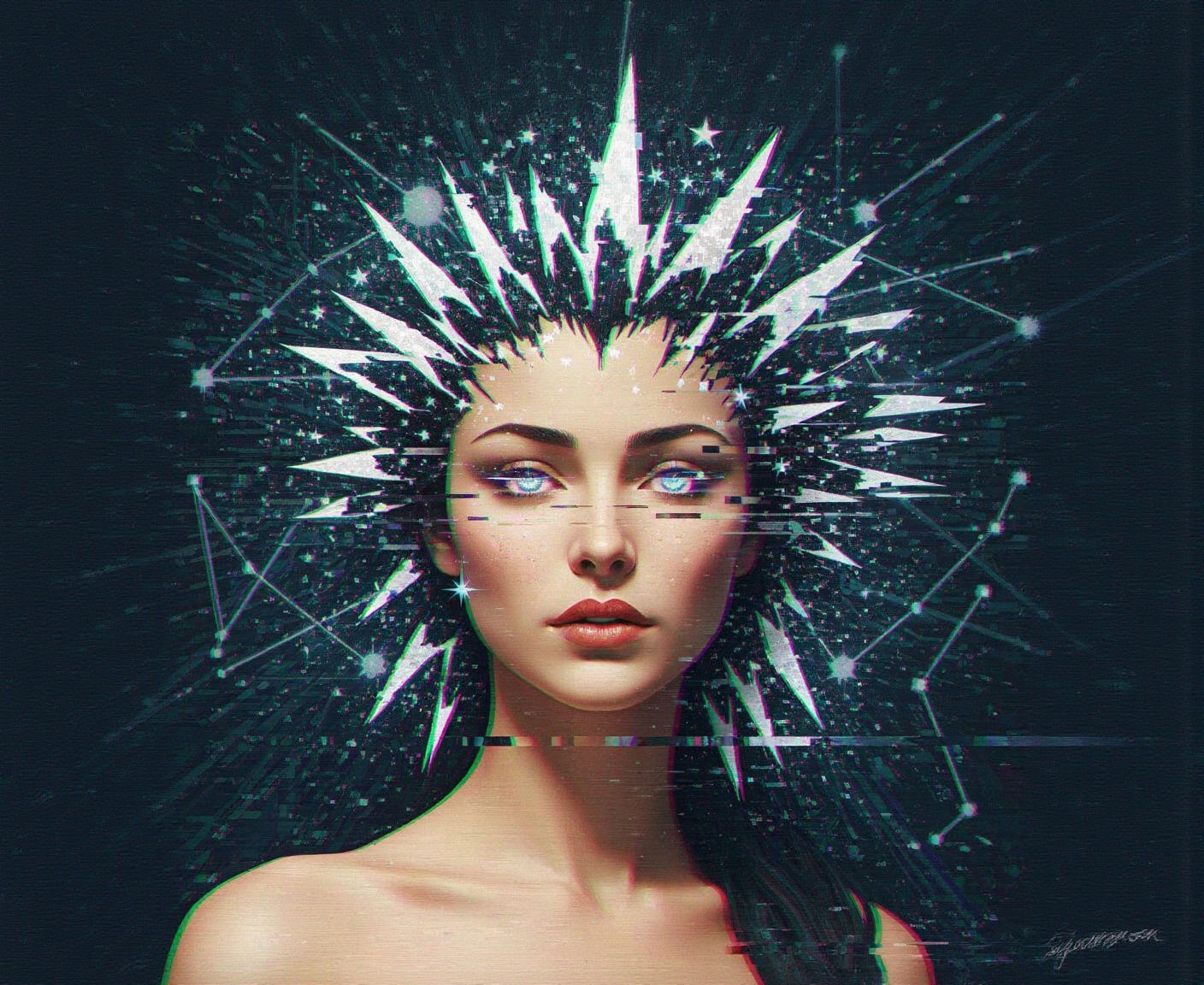 Bioluminescent Woman with Glitch Art Starlight