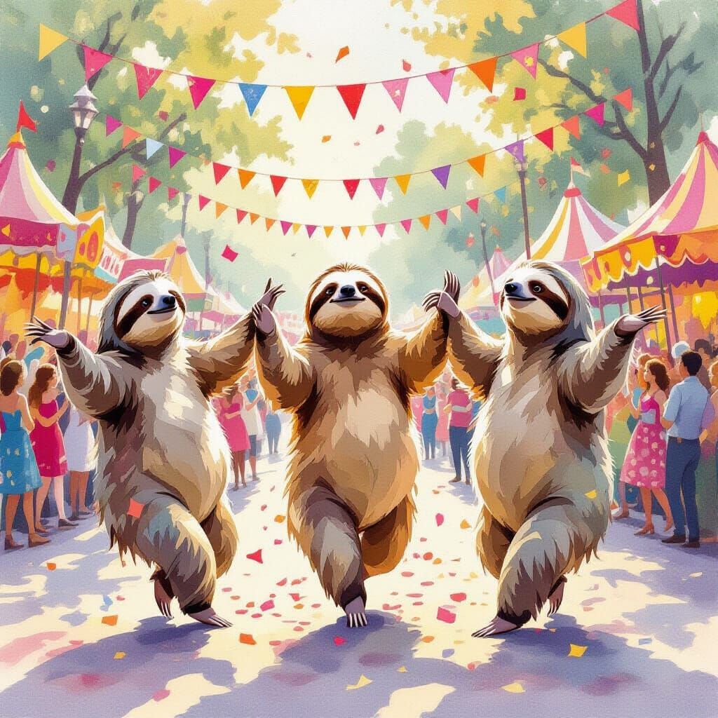 Whimsical Sloths Dancing at Carnival in Watercolor Style