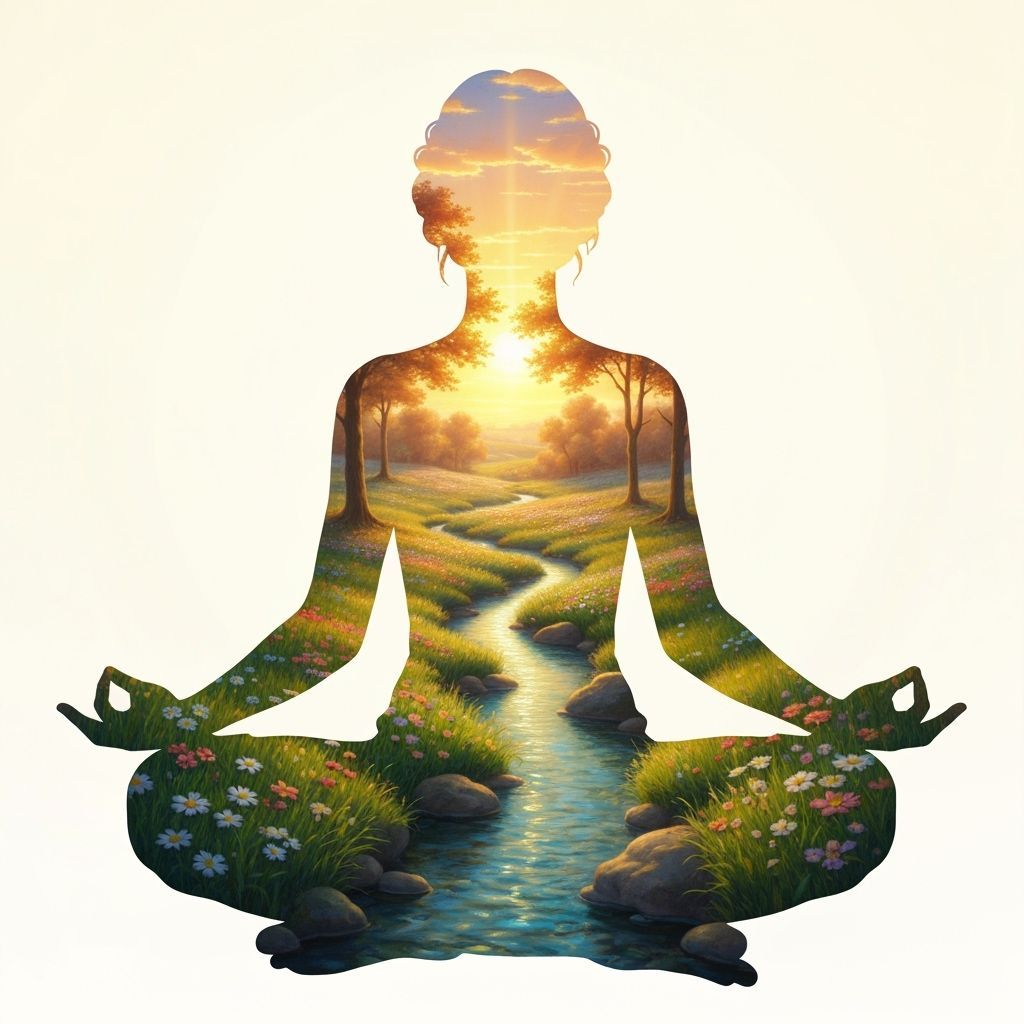 Serene Woman Meditating in Ethereal Meadow