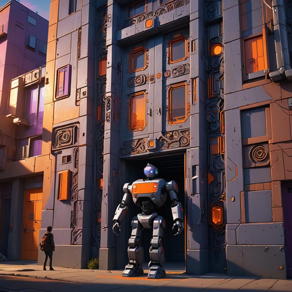 Futuristic Building with Robot: Digital Art