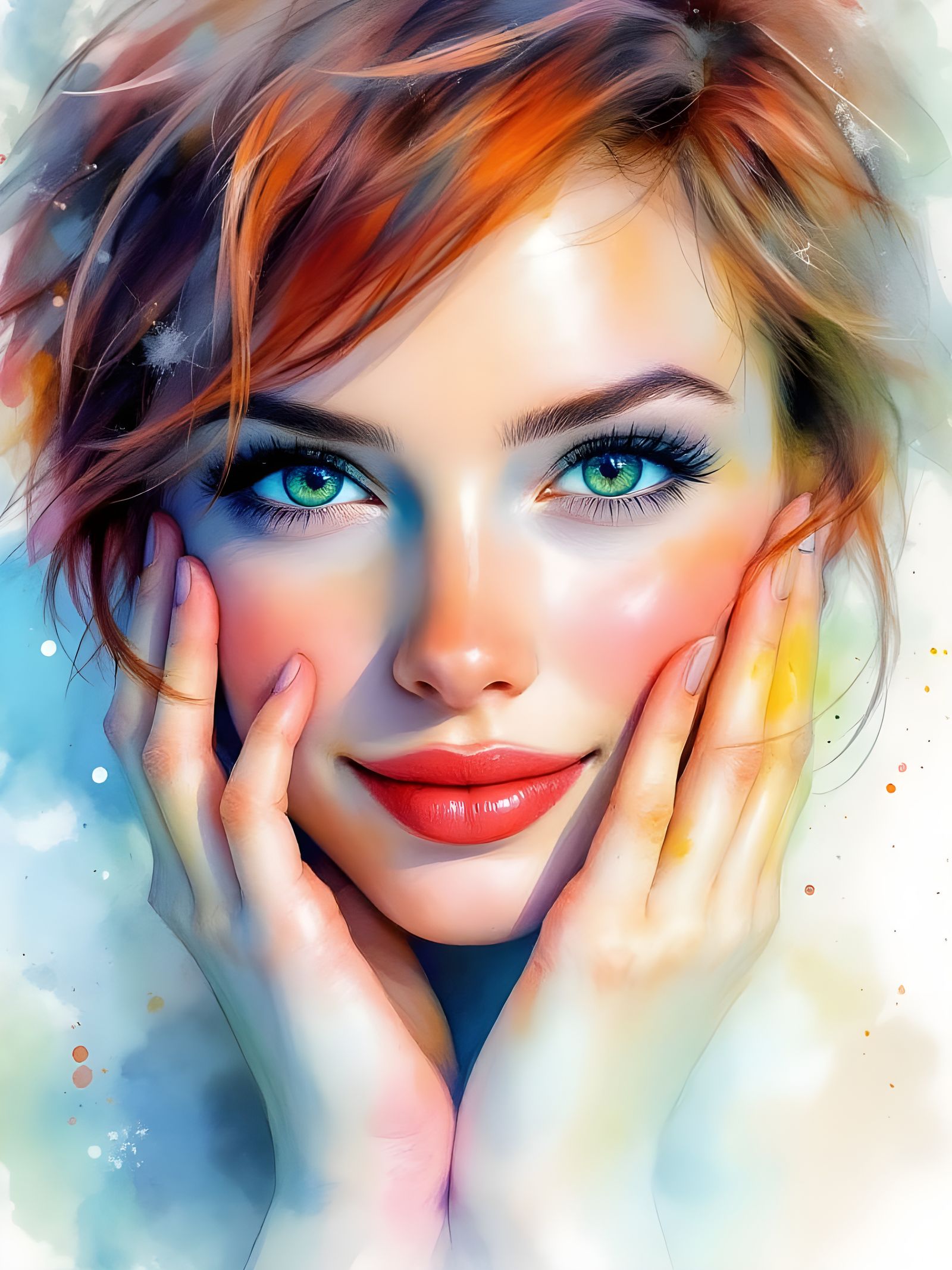 Watercolor Portrait of Woman Hiding Laugh