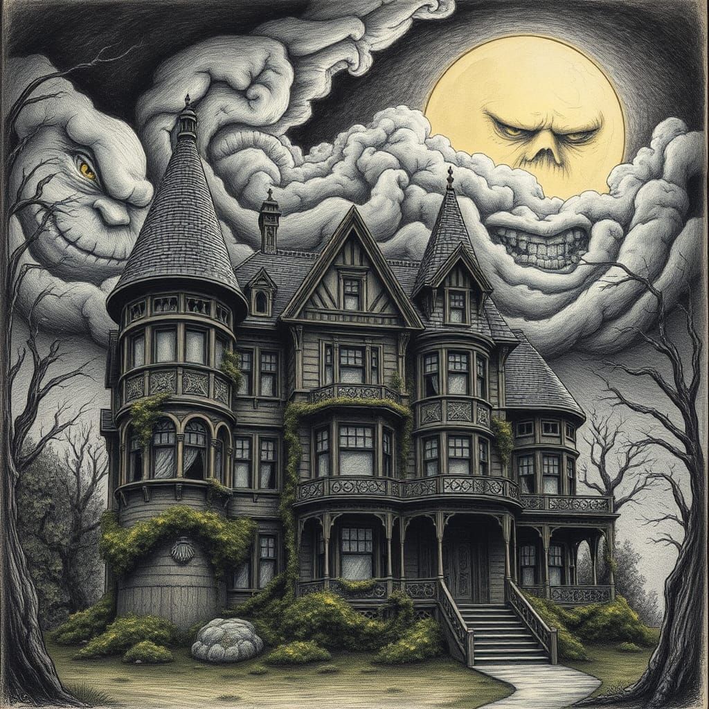 Eerie Victorian Mansion Under Anthropomorphic Storm Clouds