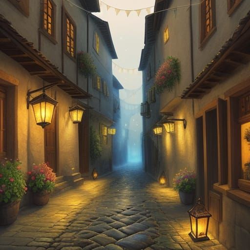 Medieval Alley with Starry Paper Lanterns in Watercolor