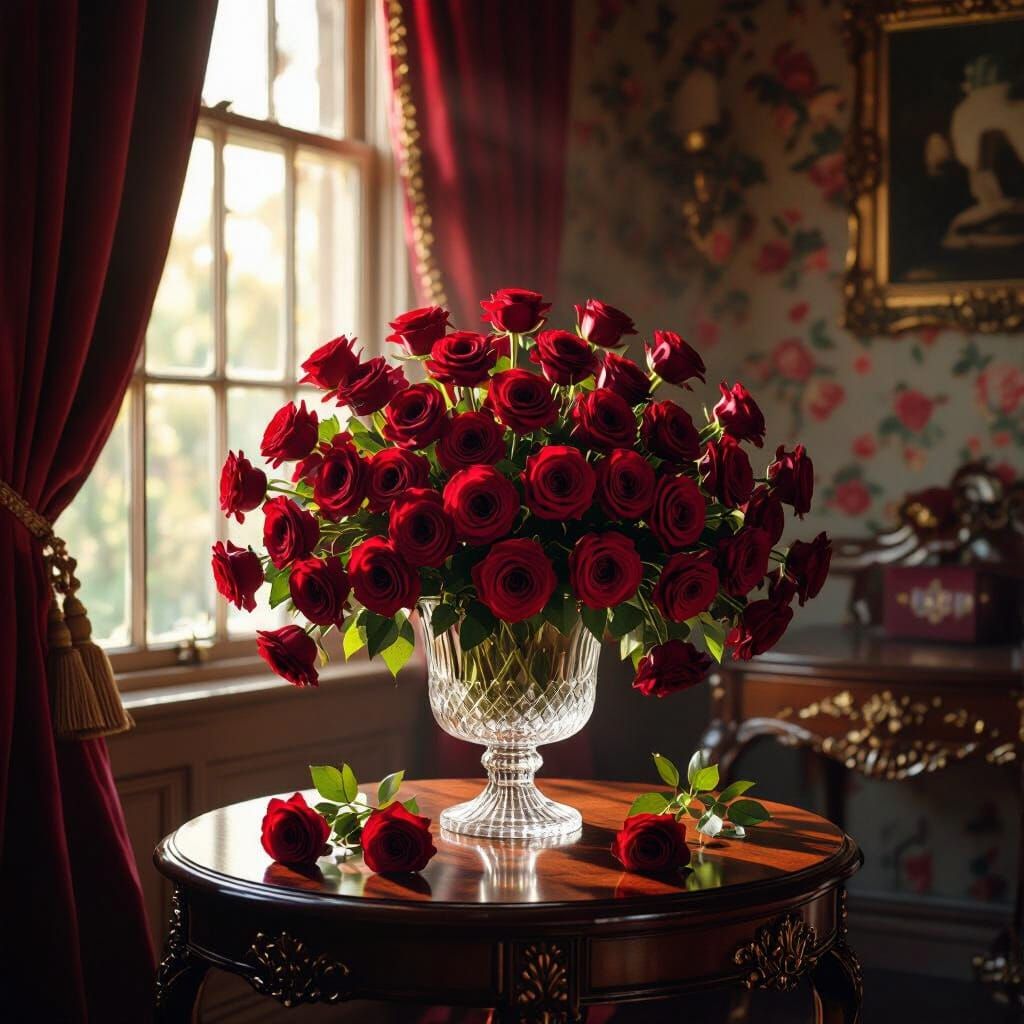 Luxurious Red Roses in a Dim Victorian Bedroom