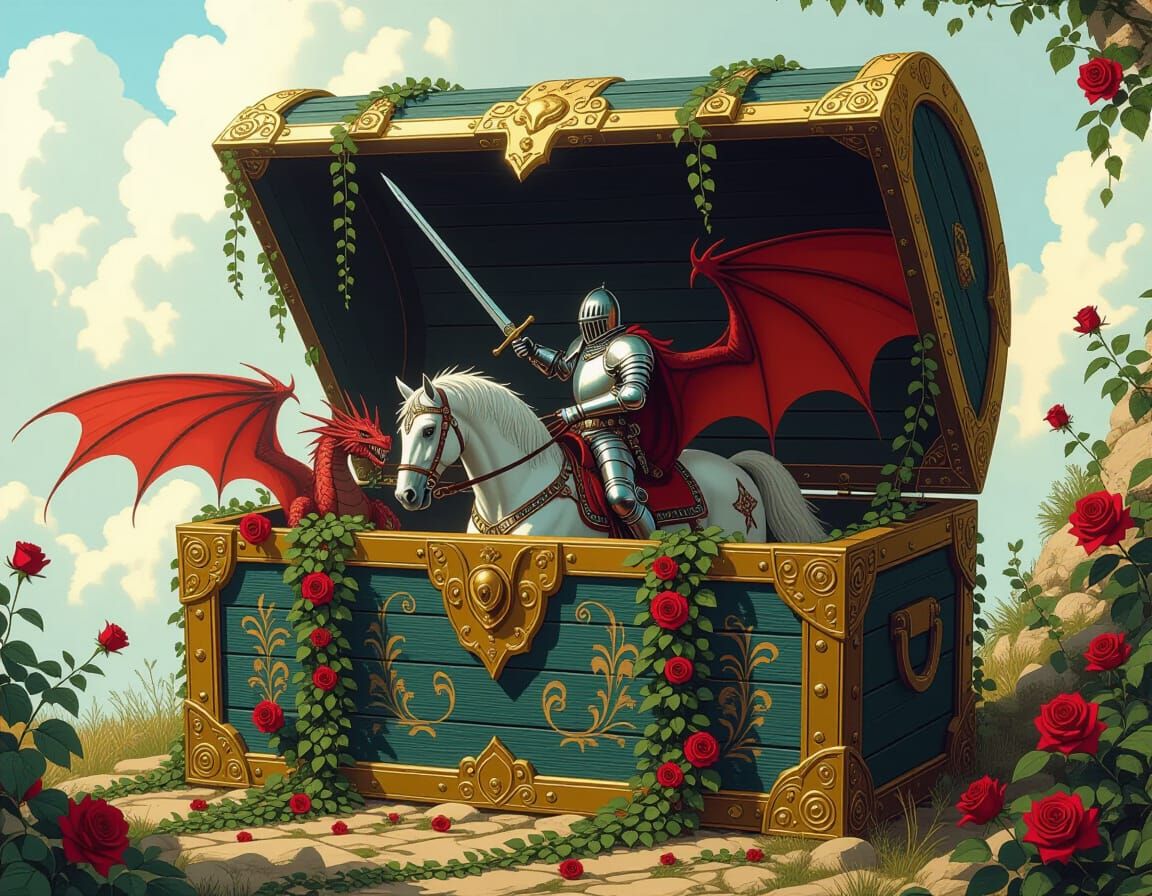 Knight Fighting Dragon Inside Treasure Chest