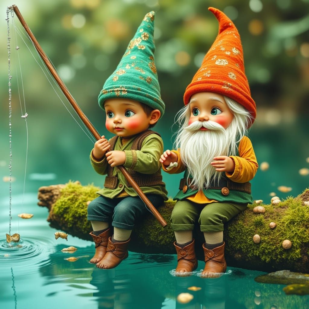 Gnomes Fishing on a Log, Whimsical Fantasy Art
