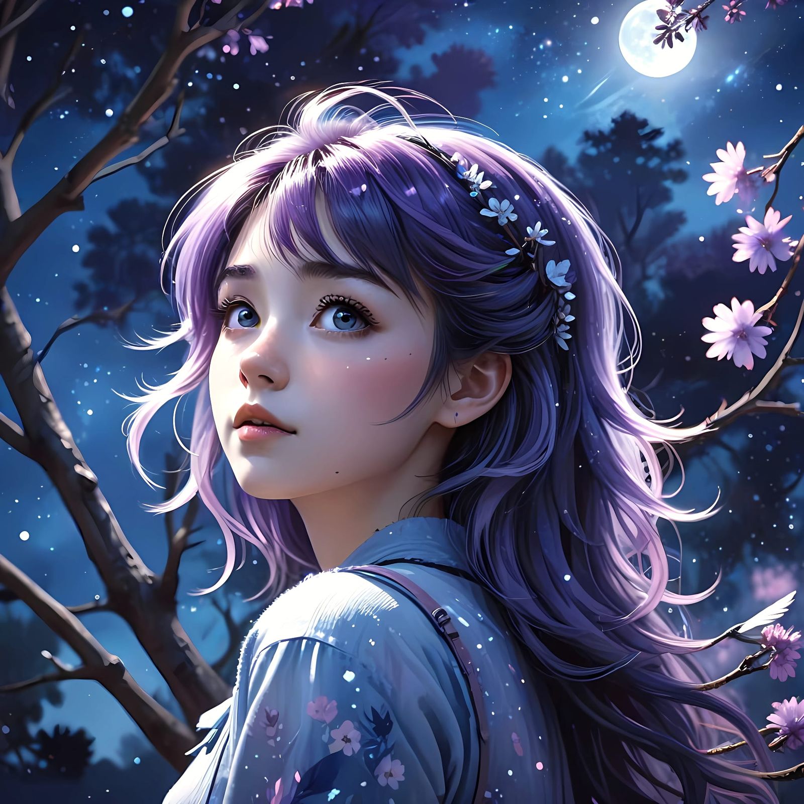 Anime Girl Contemplates Under Night Sky with Soaring Bird