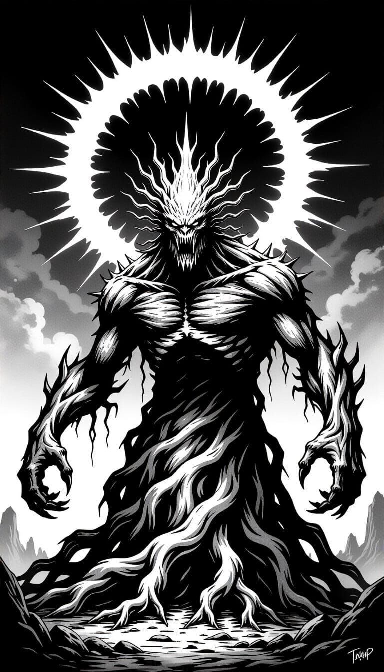 Monstrous Root Creature With Serene Face and Light Halo