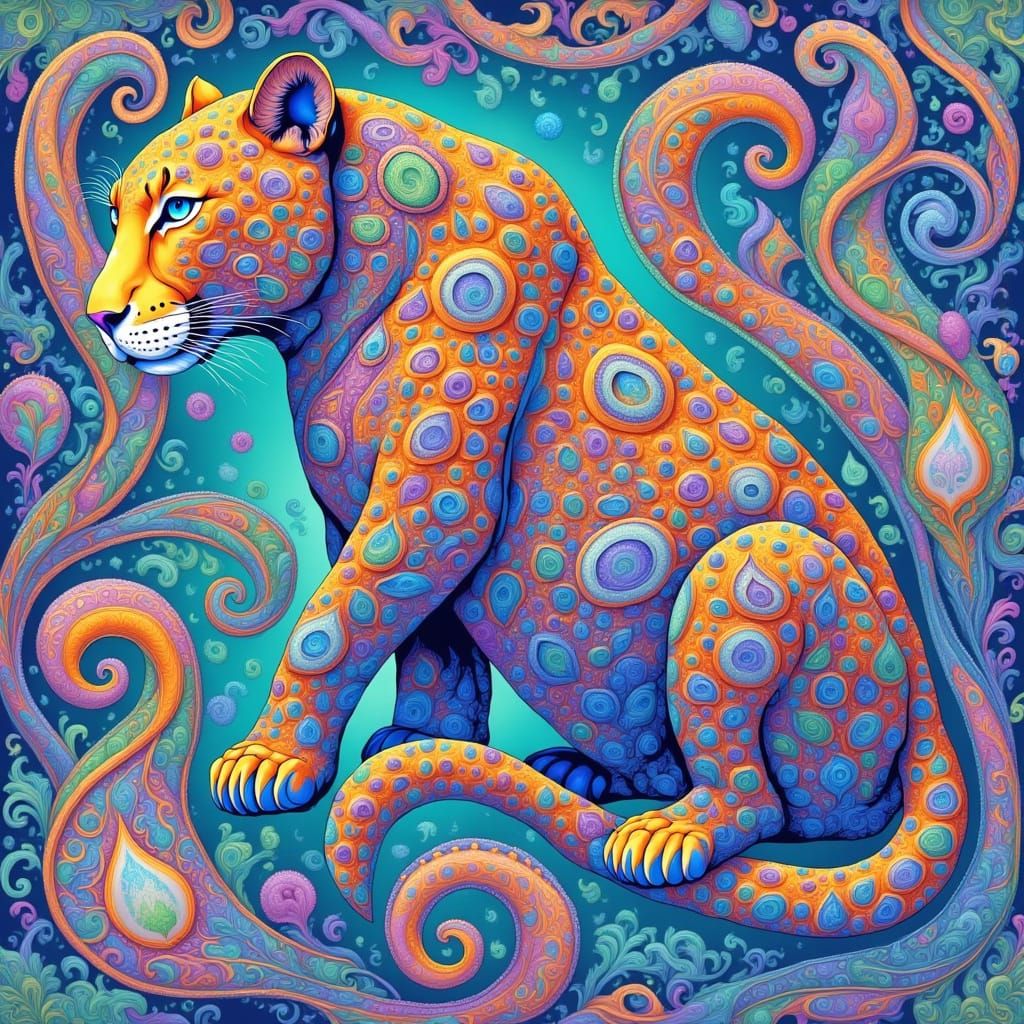 Mystical Paisley Jaguar in Whimsical Ink Sketch Style