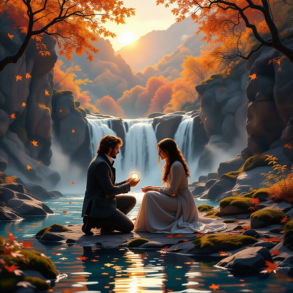 Autumn Proposal Scene with Waterfall in Golden Hour