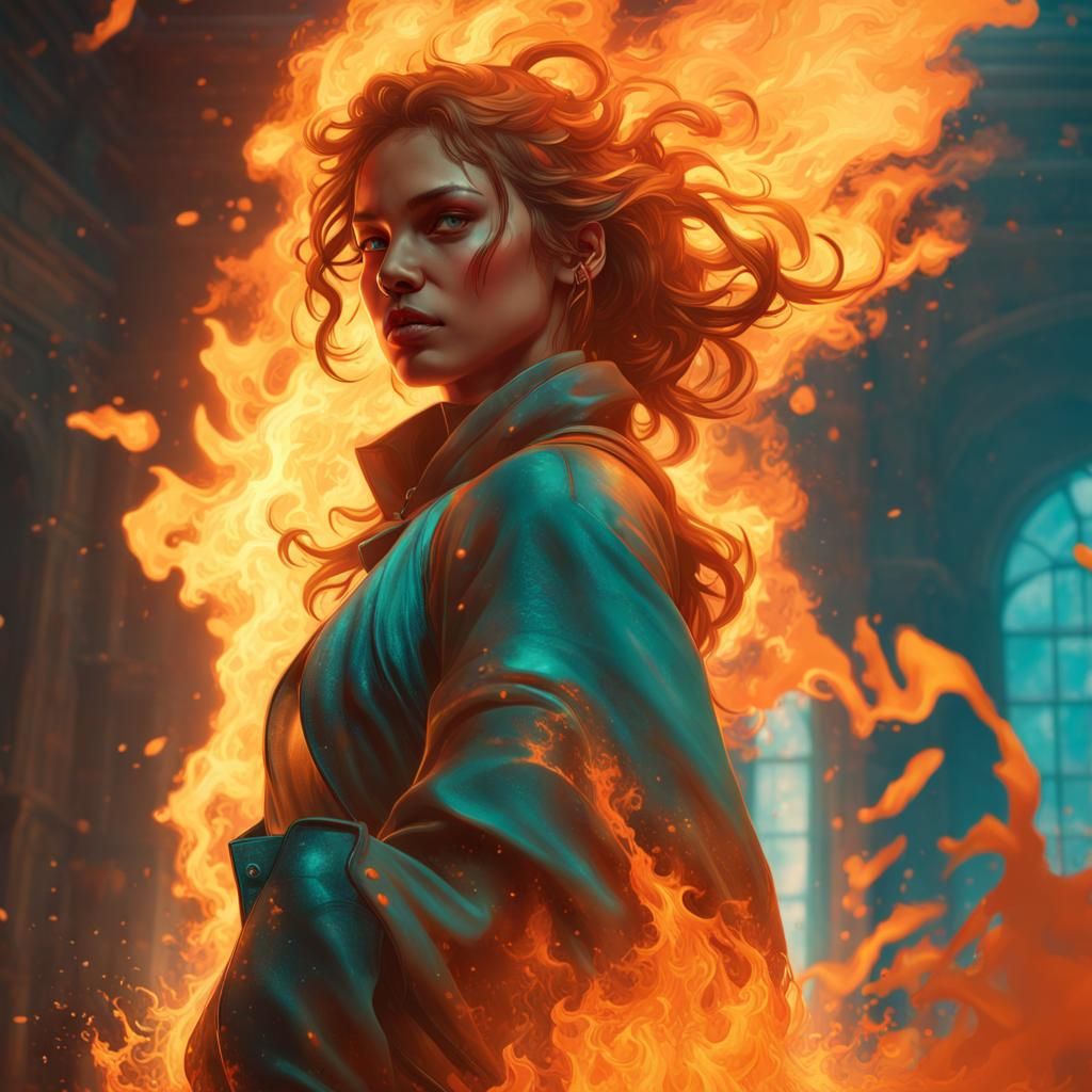 Fiery Girl: Digital Art by Rutkowski, Mucha Style
