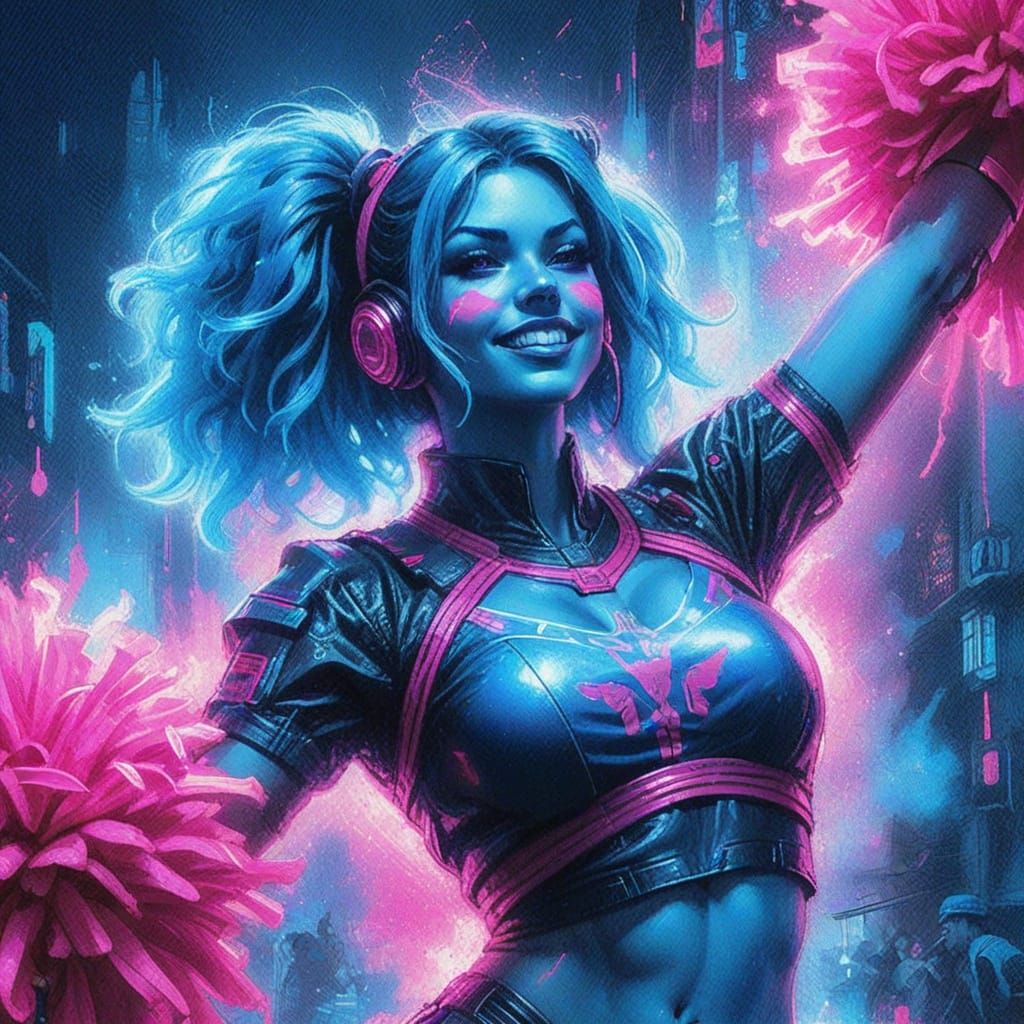 Cyberpunk Charcoal Cheerleader in Epic Blue and Pink Neon