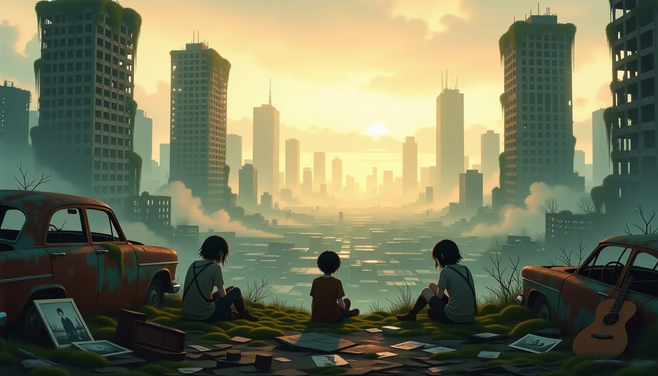 Melancholic Anime Landscape of Overgrown Post-Apocalyptic Ci...