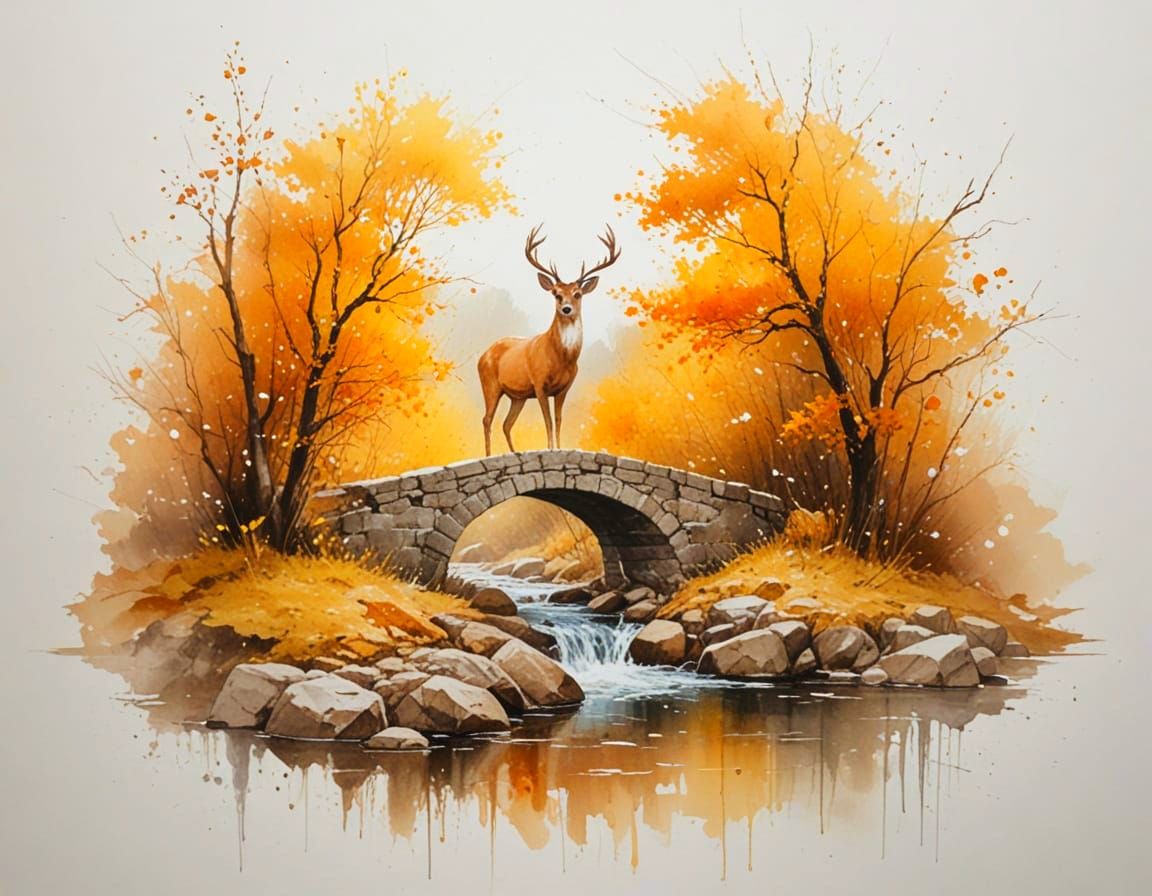 Autumn Valley Stone Bridge with Deer and Drifting Leaves