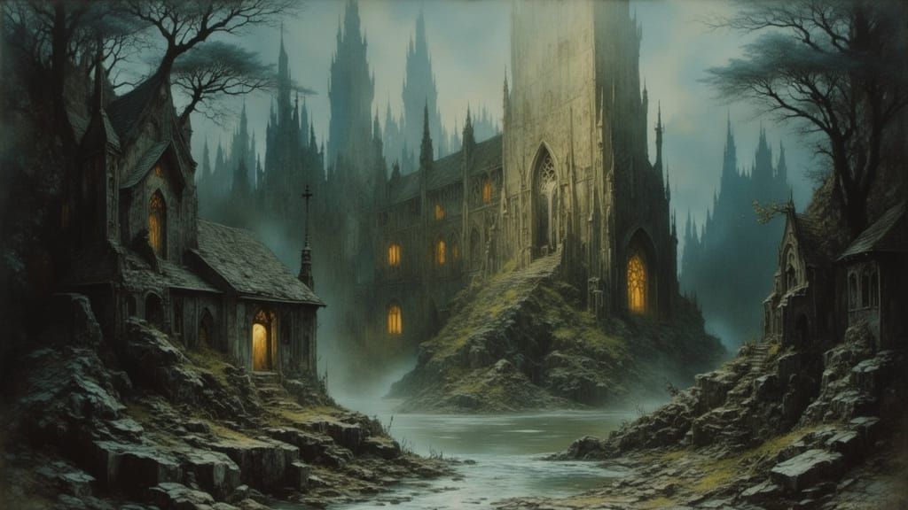 Gothic Chapel in Mist: Oil Painting by James Gurney