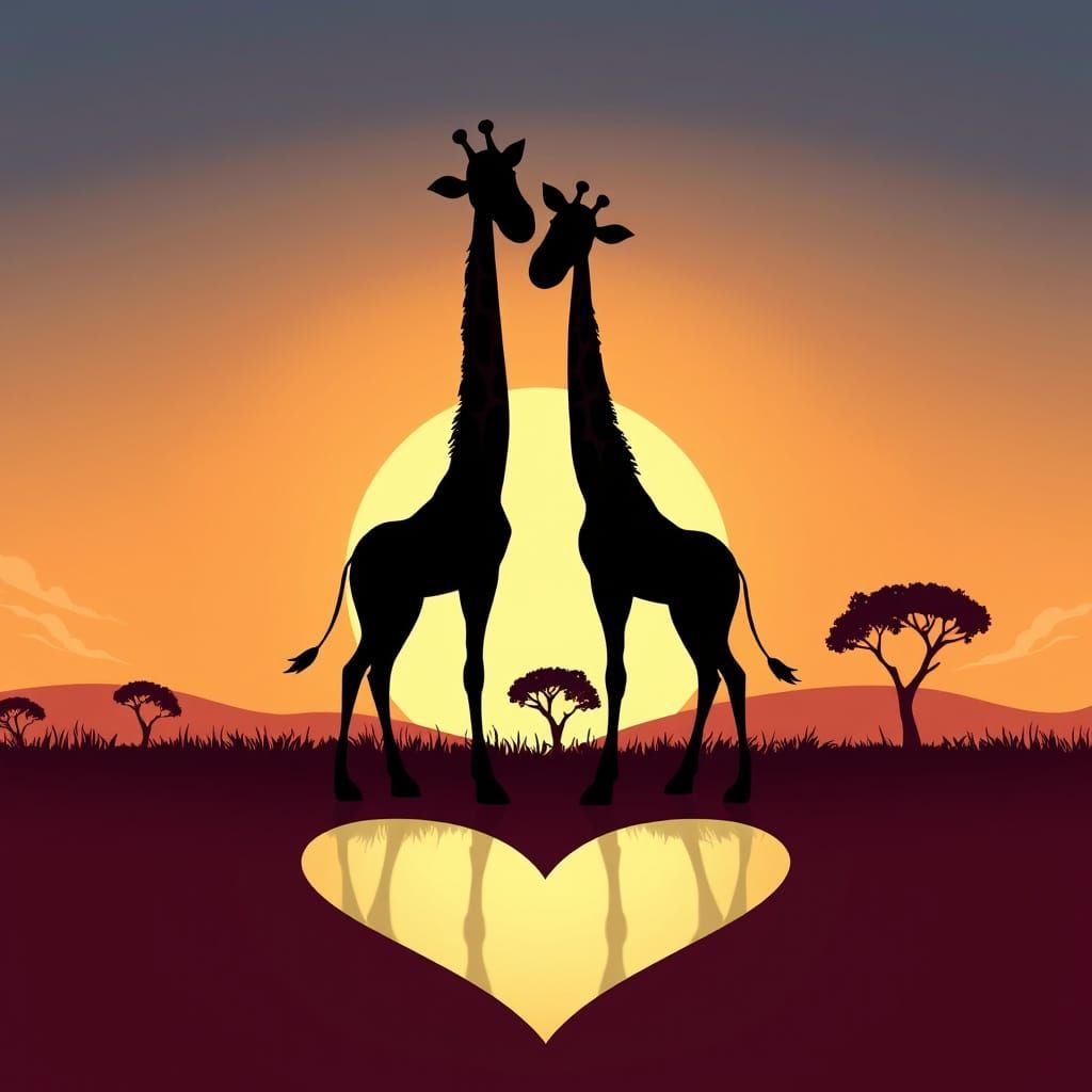 Romantic Giraffes in Heart-Shaped Sunset, Disney-Style Carto...