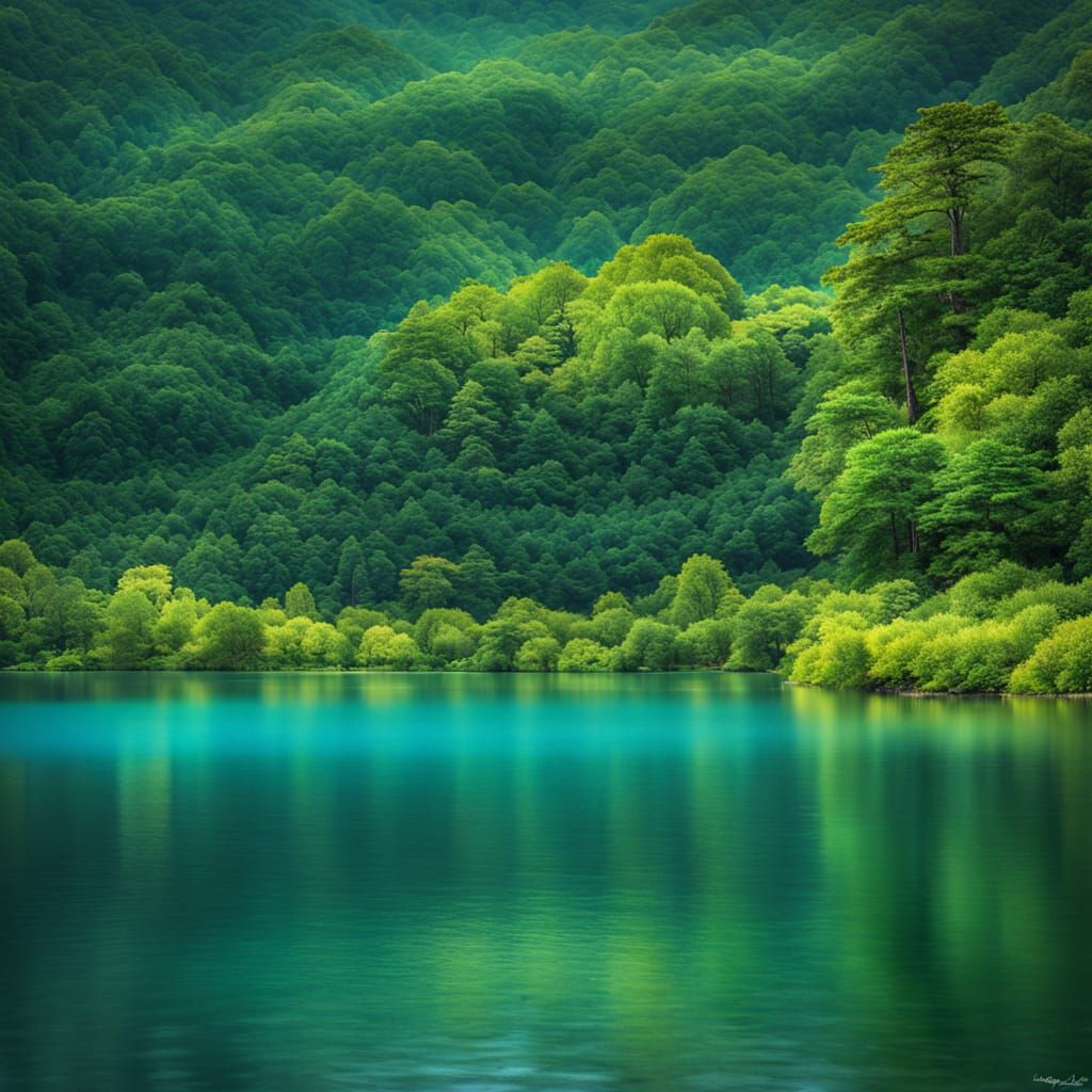 Vibrant Blue Lake in Lush Green Forest Landscape