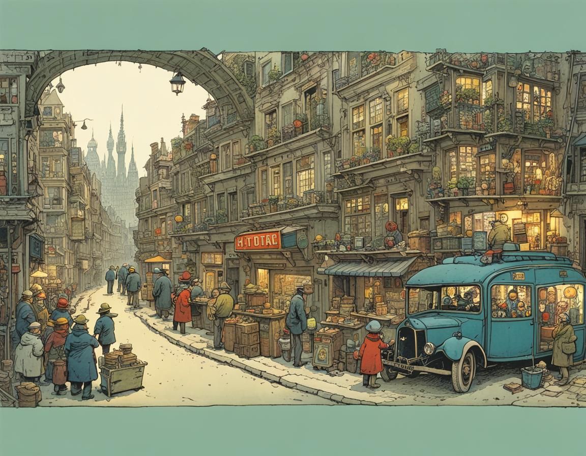 Complex Overlapping Figures in Cartoonish Technical Style