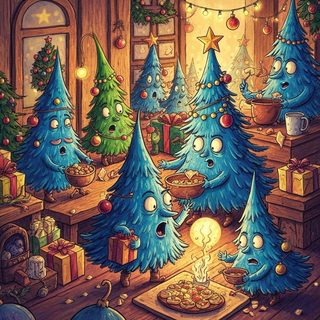 Festive Fir Trees in Whimsical Holiday Preparation