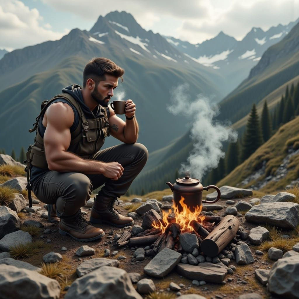 Hyperrealistic Hiker Campsite at Mountain Ridge