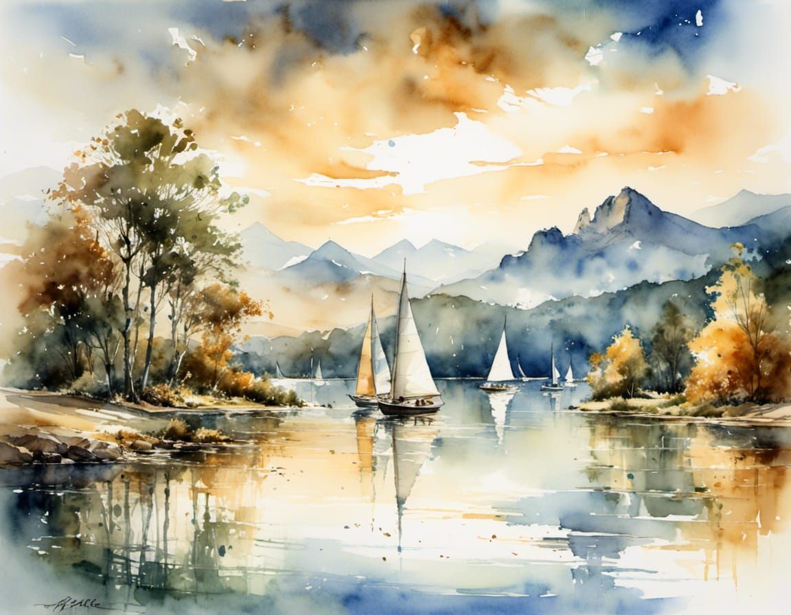 Sailboats Glide on Lake: Impressionist Oil Painting