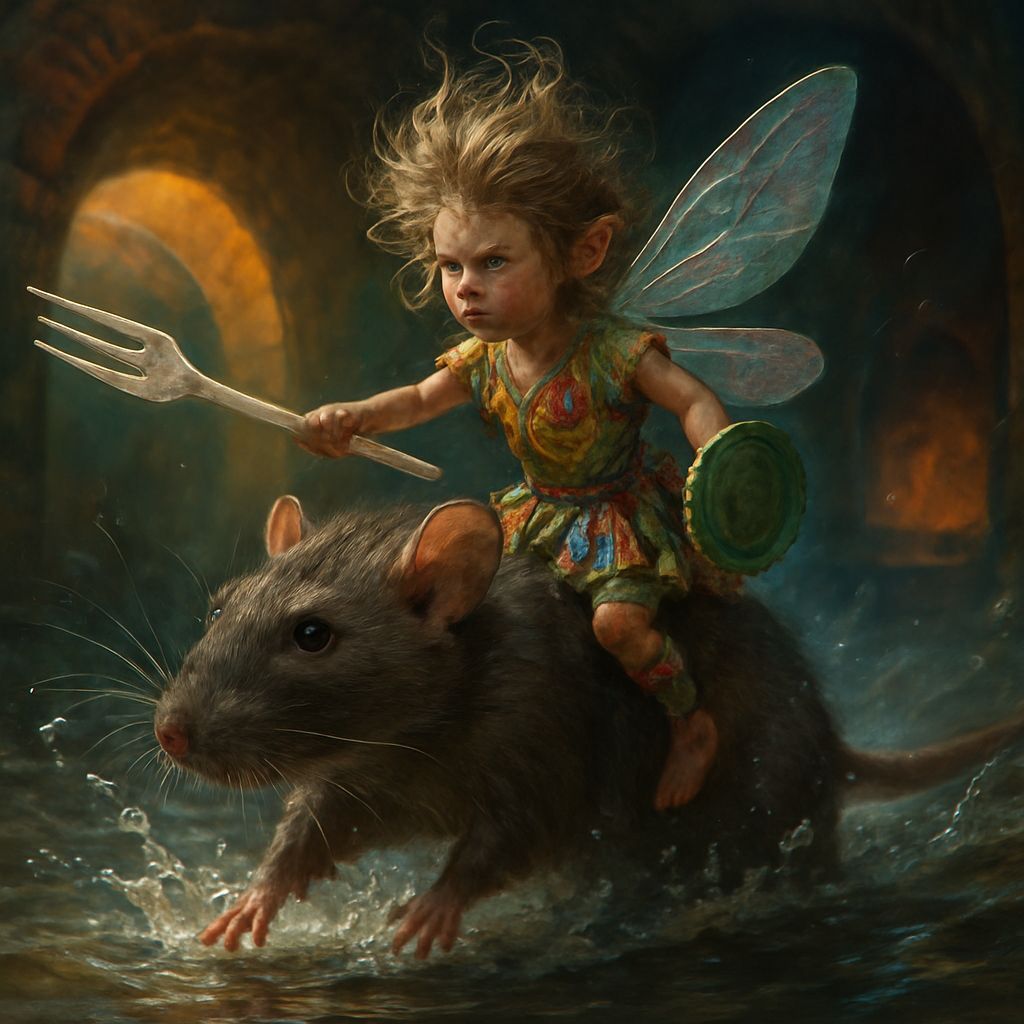 Fairy Rides Rat Through Sewer in Hyperrealistic Style