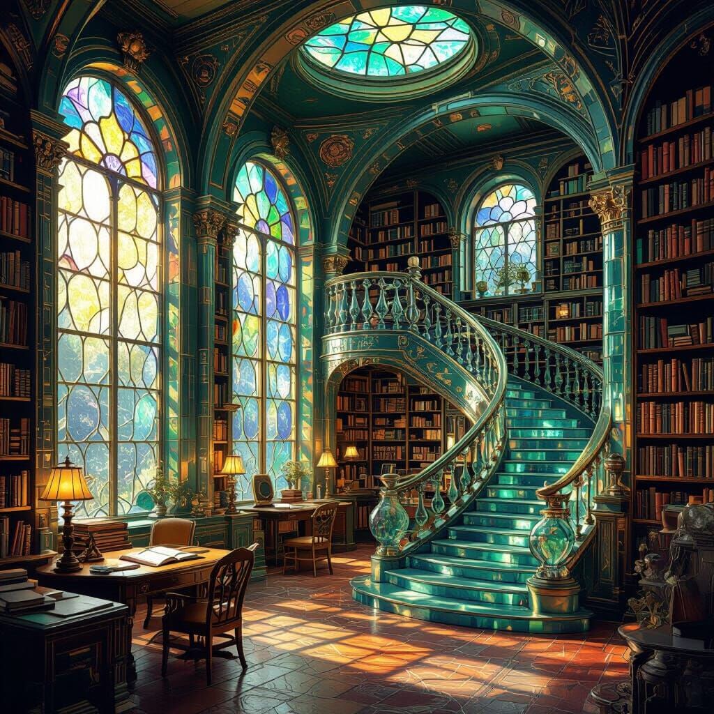 Magical Sea Glass Library Interior with Vintage Charm