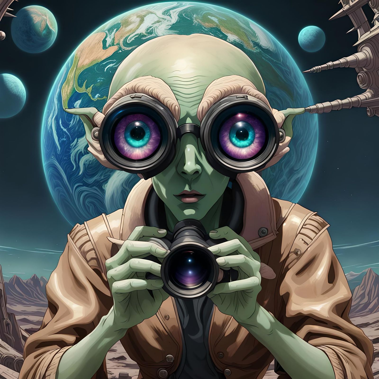 Alien Gazing at Earth in 1930s Pulp Style