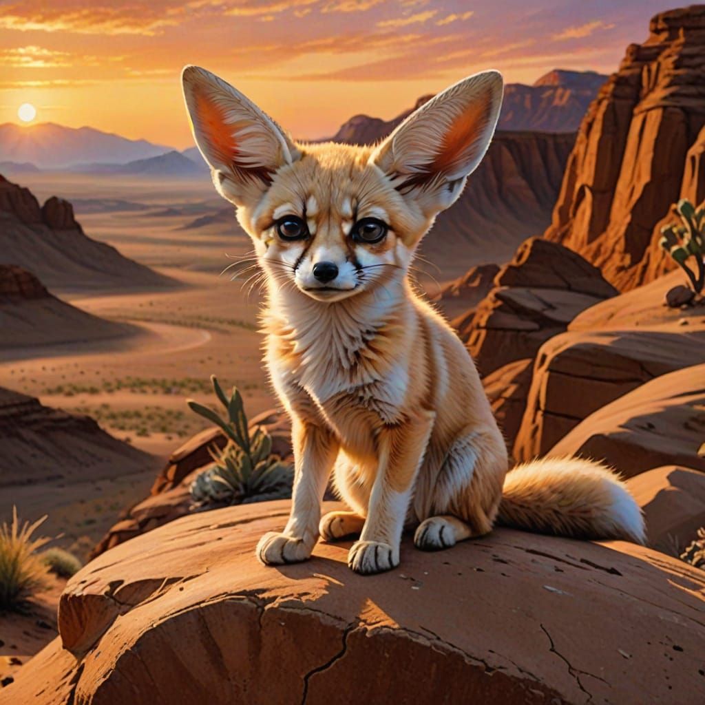 Romantic Desert Sunset with Grumpy Fennec Fox