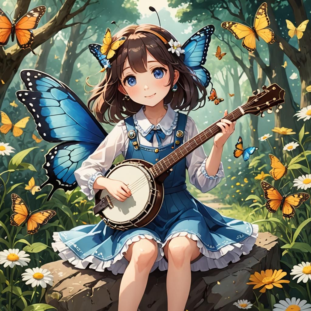 Butterfly Plays Banjo in Anime Style