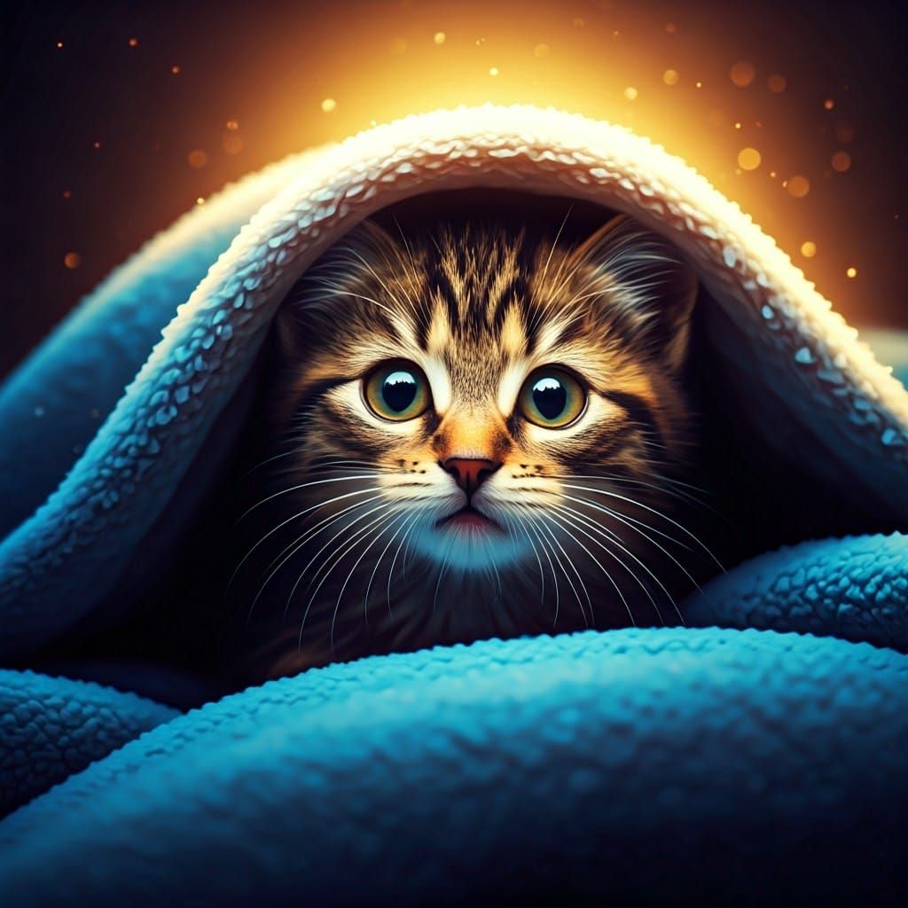 Whimsical Feline Peeks from Under Fluffy Blanket