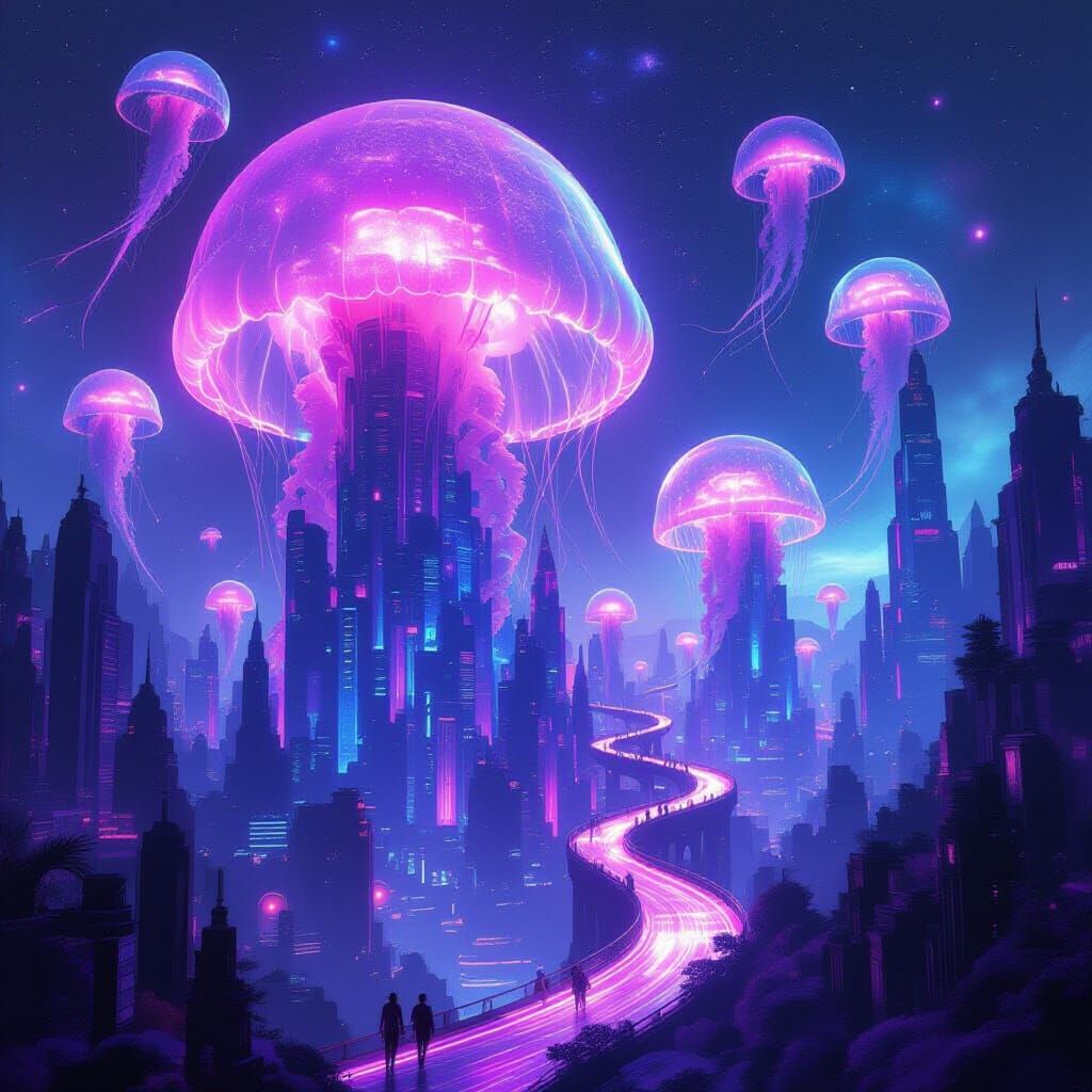Bioluminescent Jellyfish Metropolis with Cosmic Aura