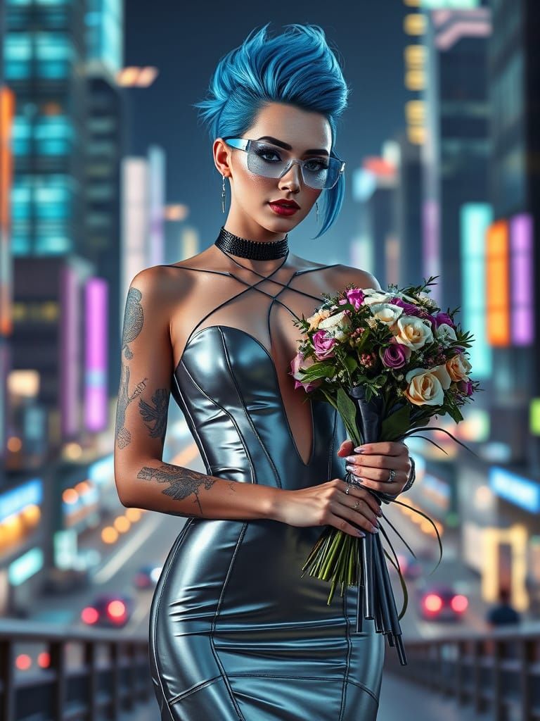 Cyberpunk Bride in Metallic Dress with Neon City Background