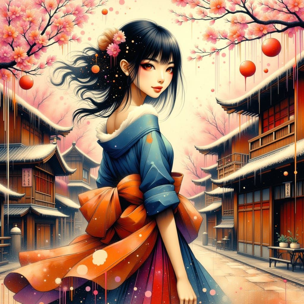 Surreal Asian Goddess in Cherry Blossom Village