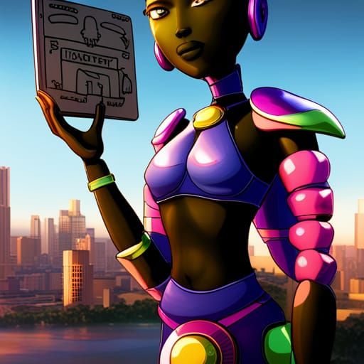 In a futuristic African city, a Wakiyan girl robot wearing a breast plate made of green, purple and black, baby blue ony...