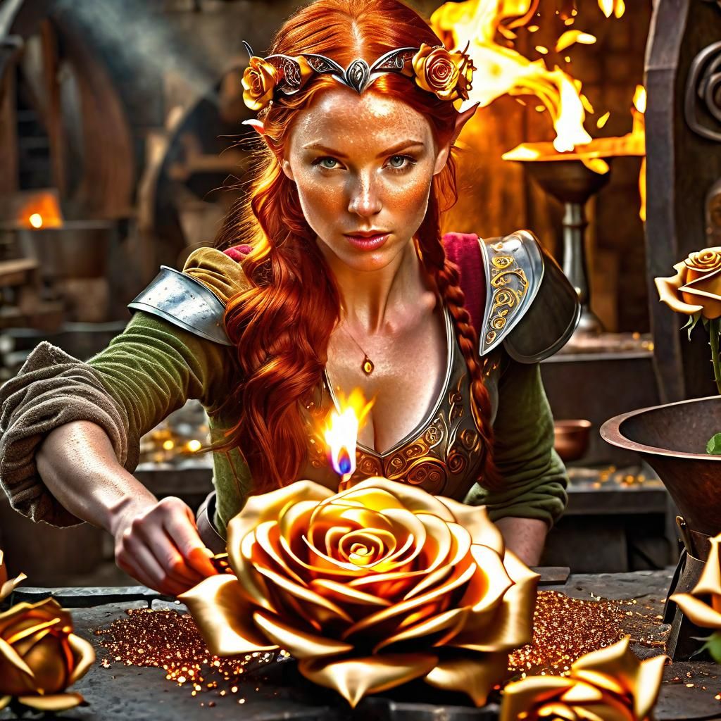 Elven blacksmith forging golden Rose