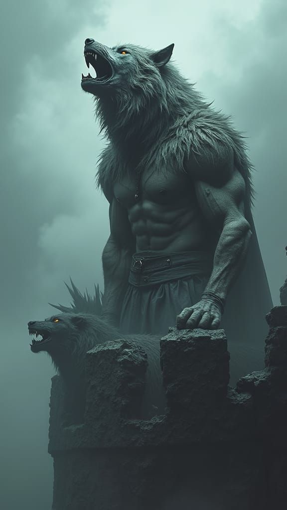 Wolf-Headed Warrior Summons Storm in Dark Fantasy Style