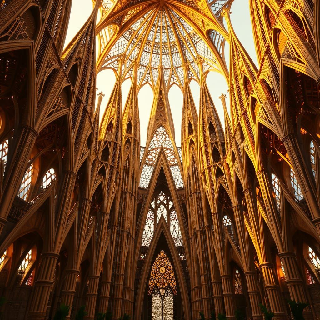 Bamboo Cathedral at Sunset in Art Nouveau Style