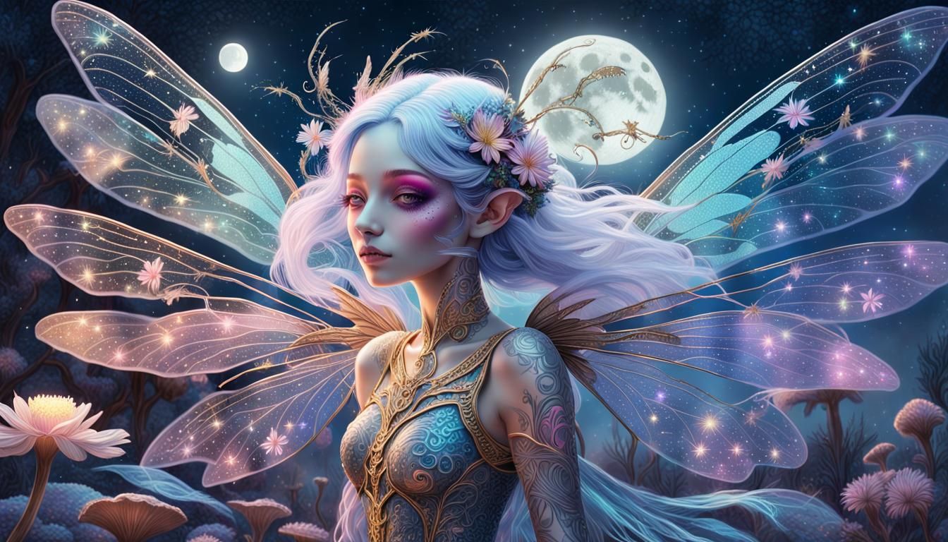 Celestial Night Dragonfly Fairy in Dreamy Nightscape