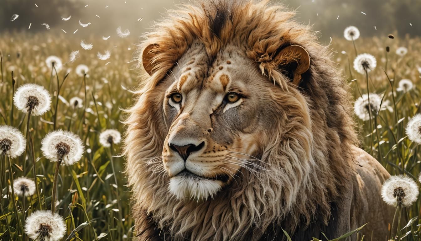 Majestic Dandelion-Lion in Golden Sunset Field