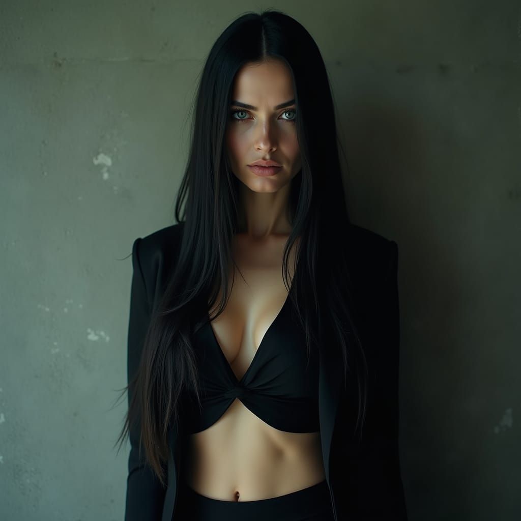 Fashionable Woman with Intense Gaze, Cinematic Portrait