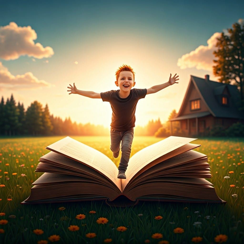 Boy Leaps From Book in Hyperrealistic Meadow Scene