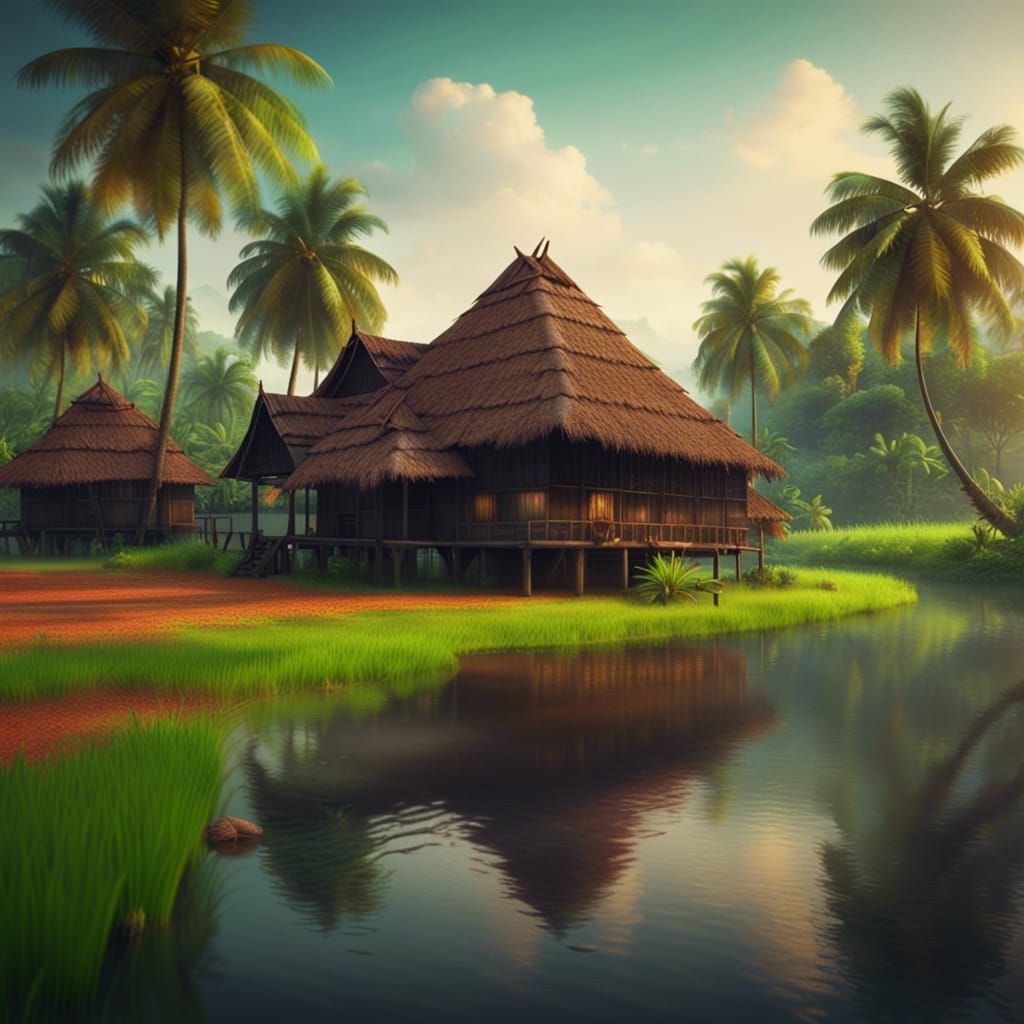 Kerala Village Hut by River: Detailed Matte Painting