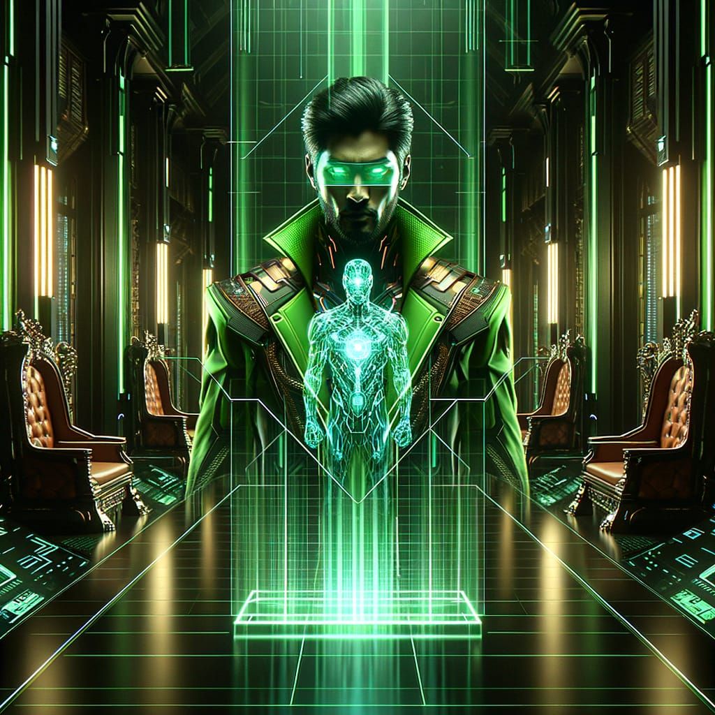 Hologram of South Asian Man in Cyberpunk Throne Room