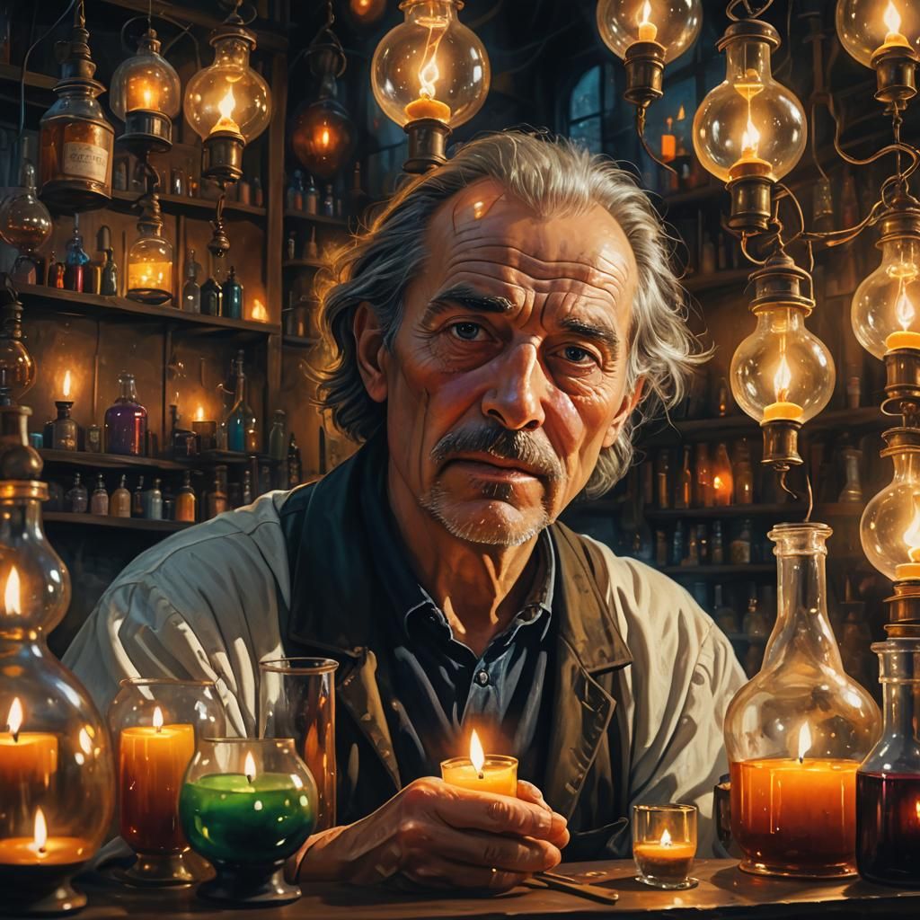Alchemist Portrait in Dim Laboratory, Surreal Oil Painting