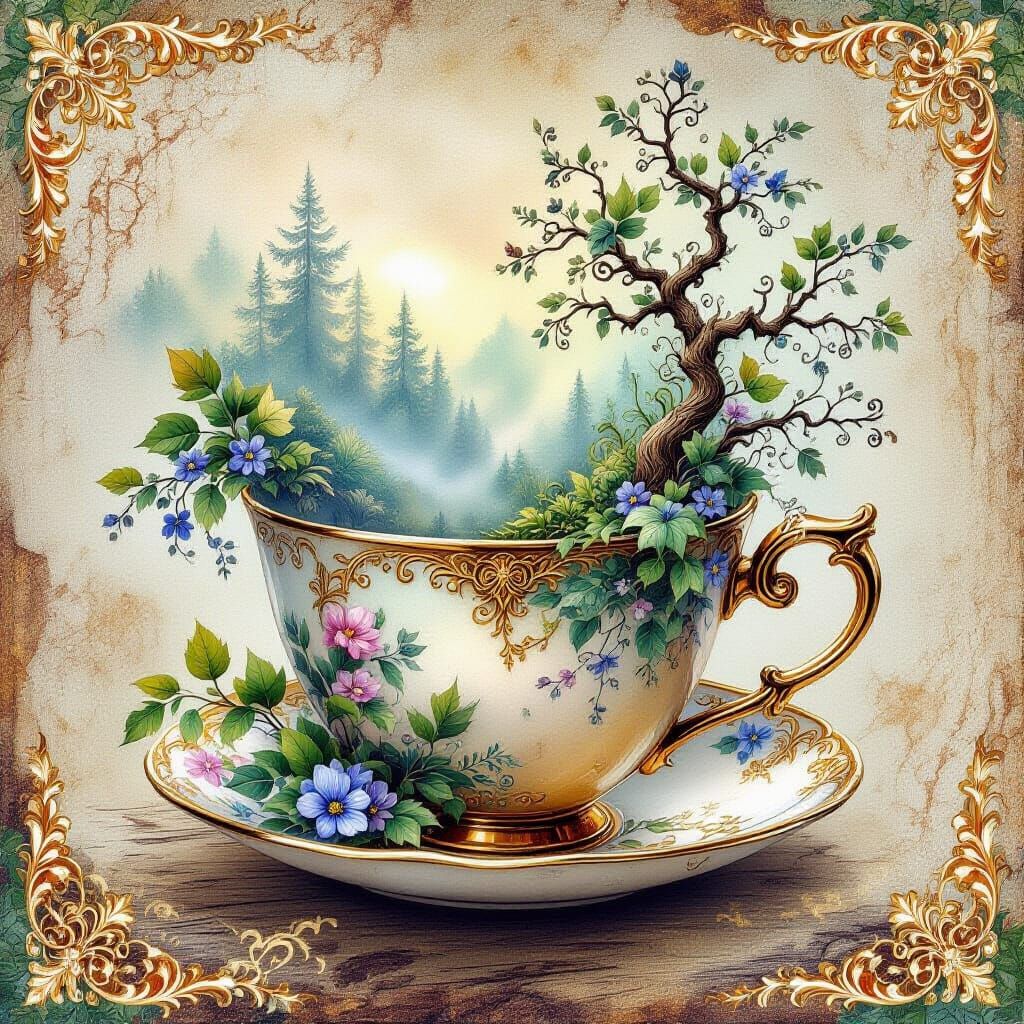 Steampunk Teacup with Flora in Watercolor Style