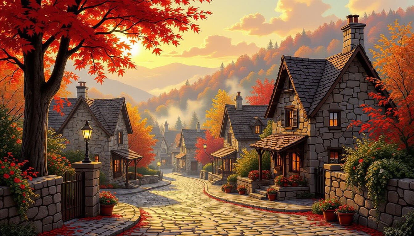 Rustic Autumn Town in Golden Light