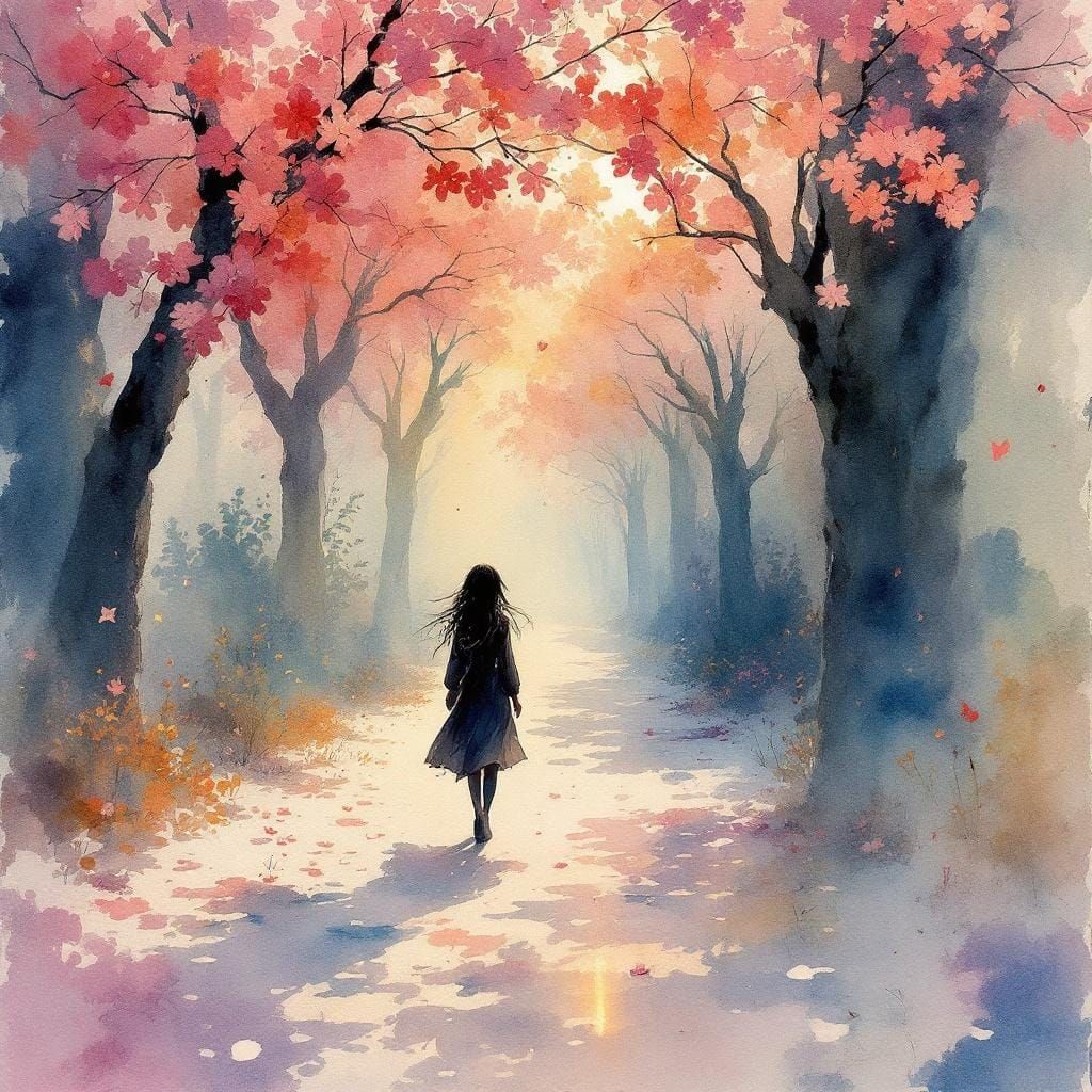 Ethereal Figure in Watercolor Landscape